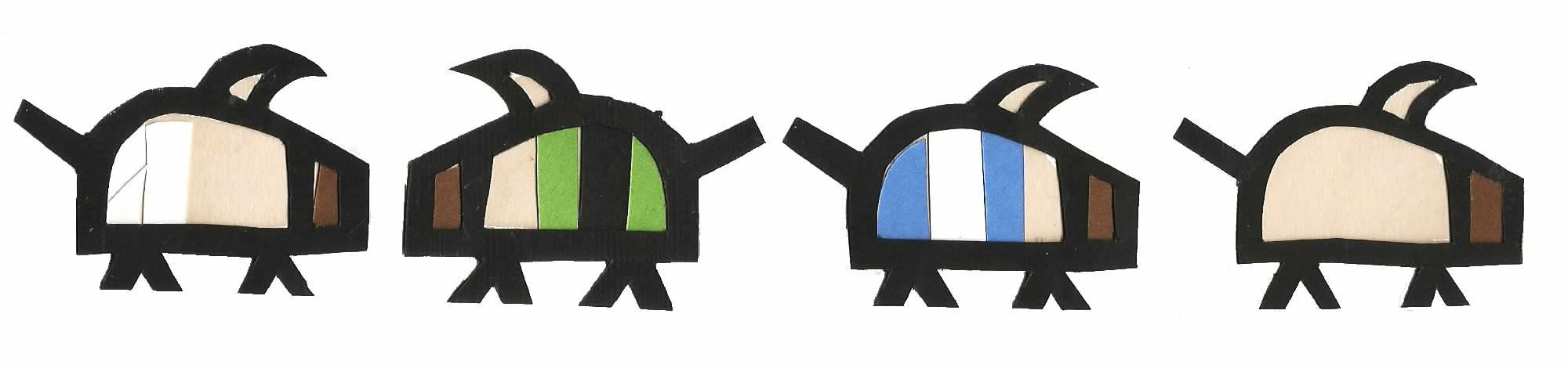 scan of a papercut simplified drawing of four poogies from Monster Hunter game serires. Poogies are pigs wearing outfits. In this image, there is a poogie wearing a diaper facing a poogie wearing a watermelon outfit, another poogie facing away in a blue and white striped shirt, and another poogie faced away that is not wearing a costume.